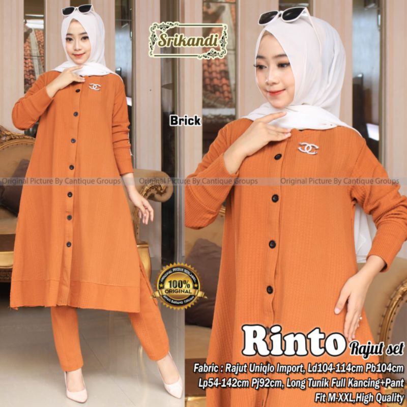 Rinto Rajut Set Pakaian Wanita Setelan Long Tunik Full Kancing  + Pant Fab Rajut Uniqlo Import