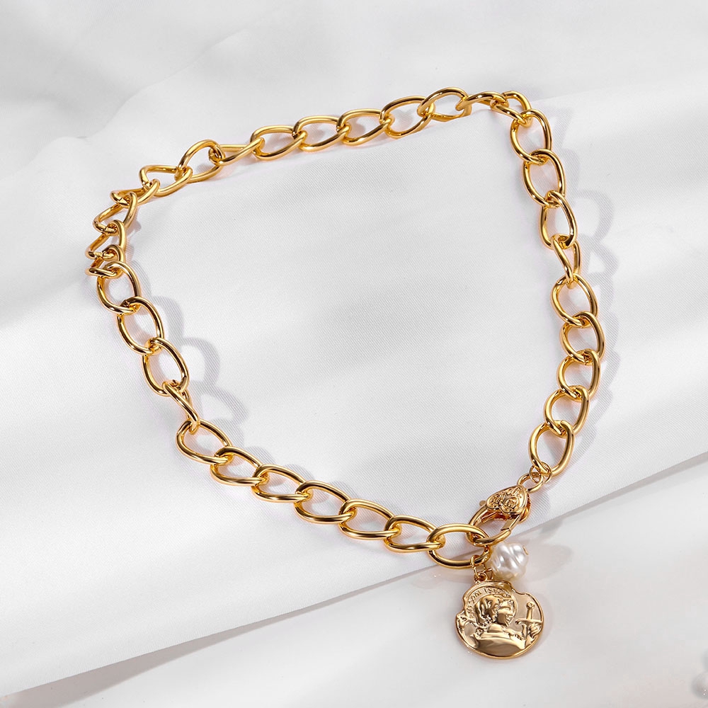 Kalung Rantai Liontin Koin Geometris Klasik Bahan Metal Warna Gold Untuk Wanita