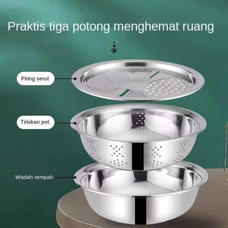 BEST SELLER!!! Multifungsi 3pcs Set Stainless Steel Rice Sieve Baskom Serbaguna Pralatan RumahTangga