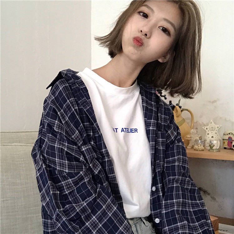 Kemeja kotak-kotak longgar wanita Korea baru yang diimpor korean style atasan wanita kaos merah atasan kaos Loose wanita