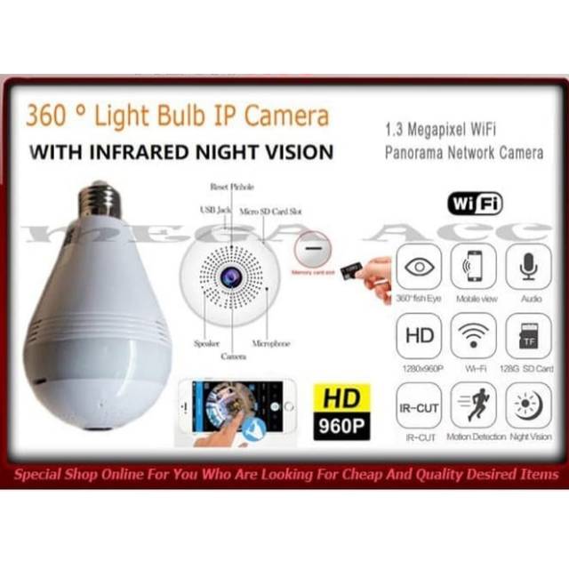 IP camera cctv bulb wifi-panoramic-lampu bohlam VR-spy cam