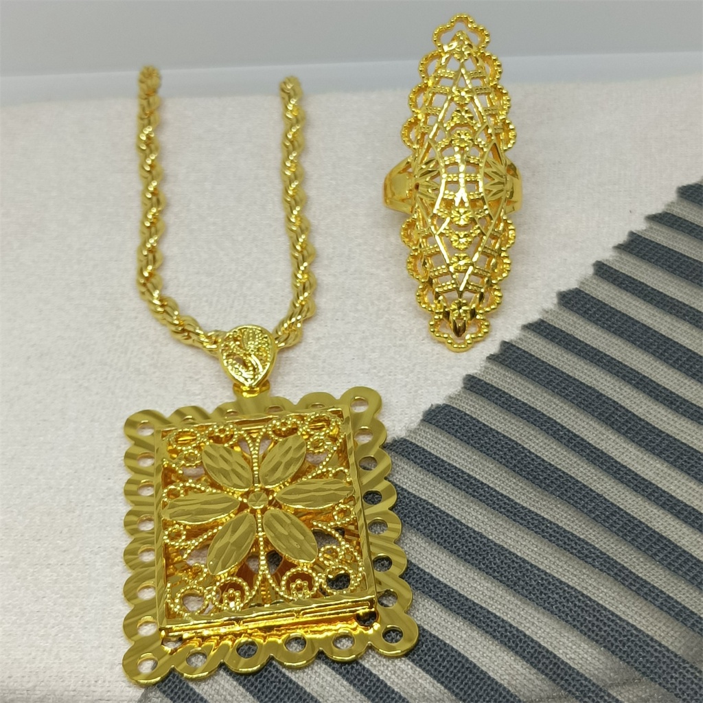 set kalung+cincin perhiasan laki-laki tembaga 24k gold