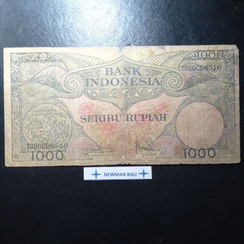 Uang Kertas Kuno Indonesia 1000 Rupiah Seri Bunga Dan Burung th 1959