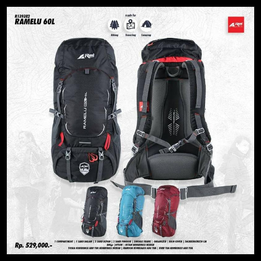 Tas Gunung AREI Ramelu 65 Liter Tas Ransel Carrier Hiking Free Coverbag