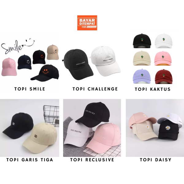 Topi Baseball Bordir Smile / Garis Tiga / Reclusive / Challenge / Kaktus / Daisy Unisex Kualitas Premium