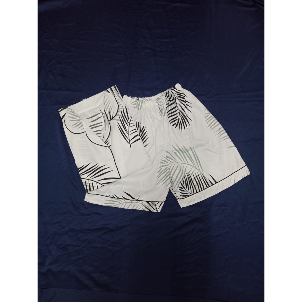BAJU TIDUR MOTIF COCO DAUN TANGAN PENDEK CELANA PENDEK HP / PIYAMA MOTIF COCO DAUN-CocoDaun Besar Putih