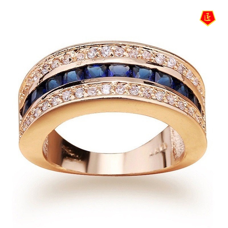 [Ready Stock]Full Diamond Sapphire Square Diamond Ring 18K Gold Flash Diamond