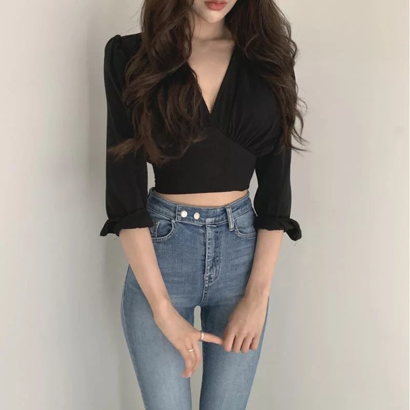 BEFAST - ZRX OOTD Wanita Blouse UMJIA / Korean Long Sleeve Crop Top Blouse Atasan Lengan Panjang / Blouse Leher V / VBlouse Kekinian Remaja Wanita / Blouse Polos Casual / Blouse Trendy / Keluaran Terbaru 2022 / Termurah