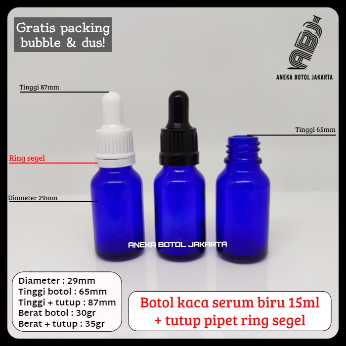Botol kaca serum biru 15ml pipet tetes ring segel