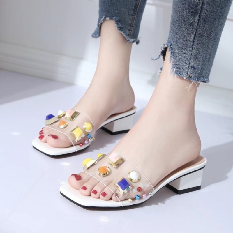 BJS852 - RED/WHITE - Sepatu Heels Blok Import Wanita Elegan 5CM SANDAL PESTA WANITA HIGH HEELS SANDAL HAK TRANSPARAN BENING FASHION IMPORT TERMURAH TERLARIS TERBARU BAGSTORE JAKARTA JSH852