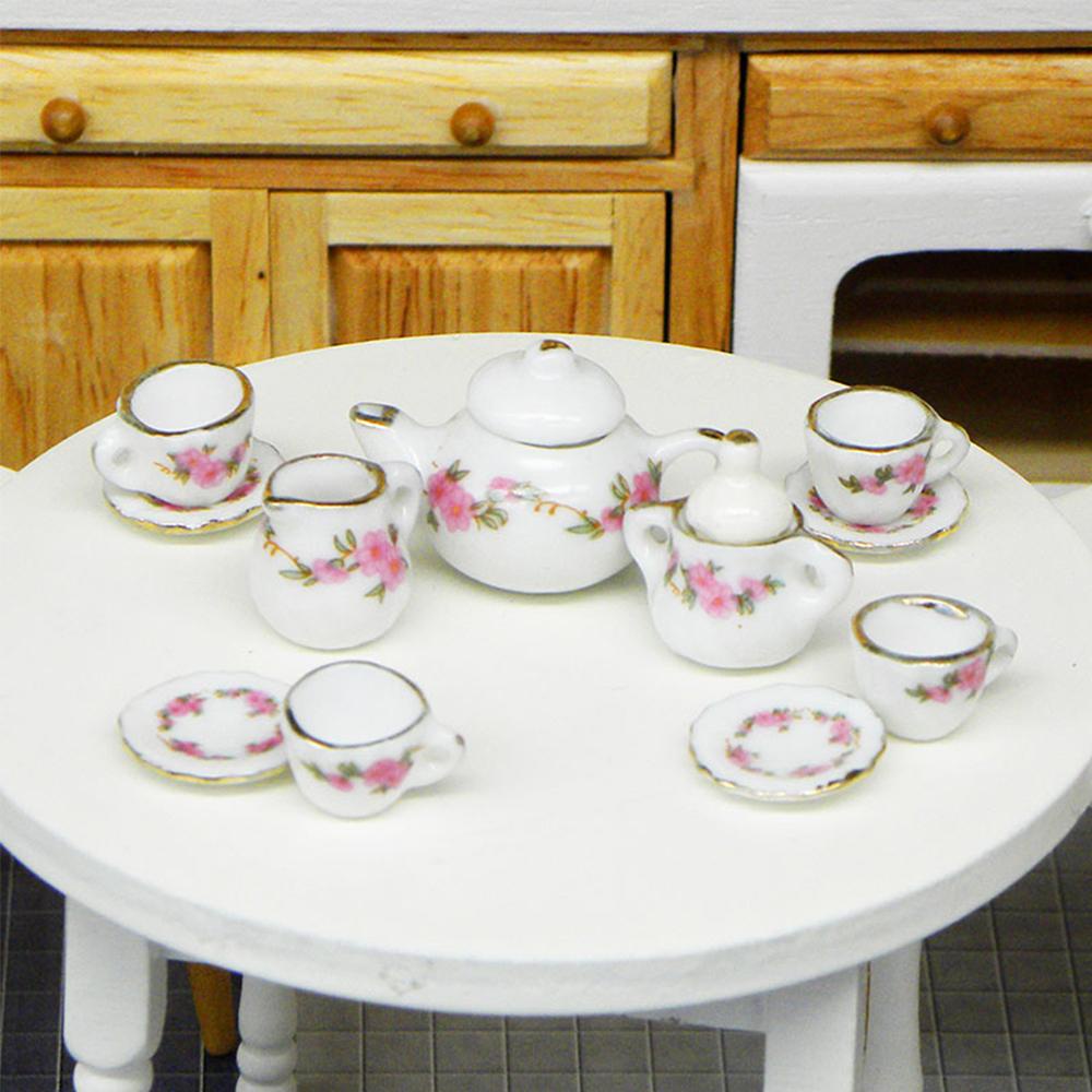 Suyo 11pcs Set Cangkir Teh Porselen Kit Dengan Lis Emas Motif Bunga Dekorasi Rumah1Per6 1per1/12 Miniatur