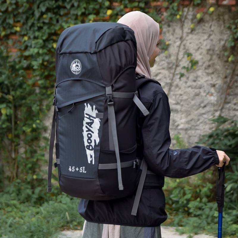 Tas Ransel Carrier Gunung Outdoor Hiking 45 Liter Pria dan Wanita Free Rain Cover - Irco Booyah Hitam