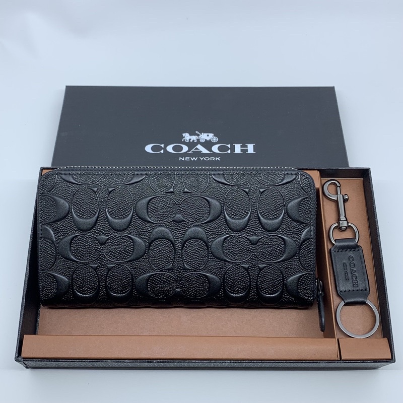 Coach Accordion Long Wallet Zipper Black Embossed