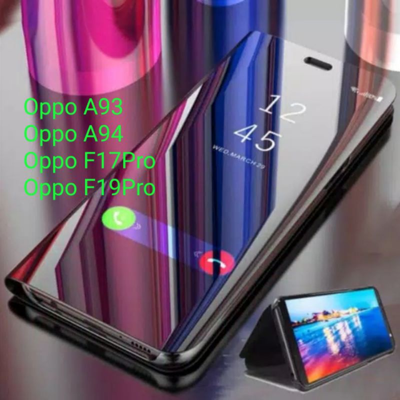 Case Oppo A93 A94 F17pro F19Pro F17 F19 Pro Flipcover Casing Clear View Flip Cover Miror kaca Stand