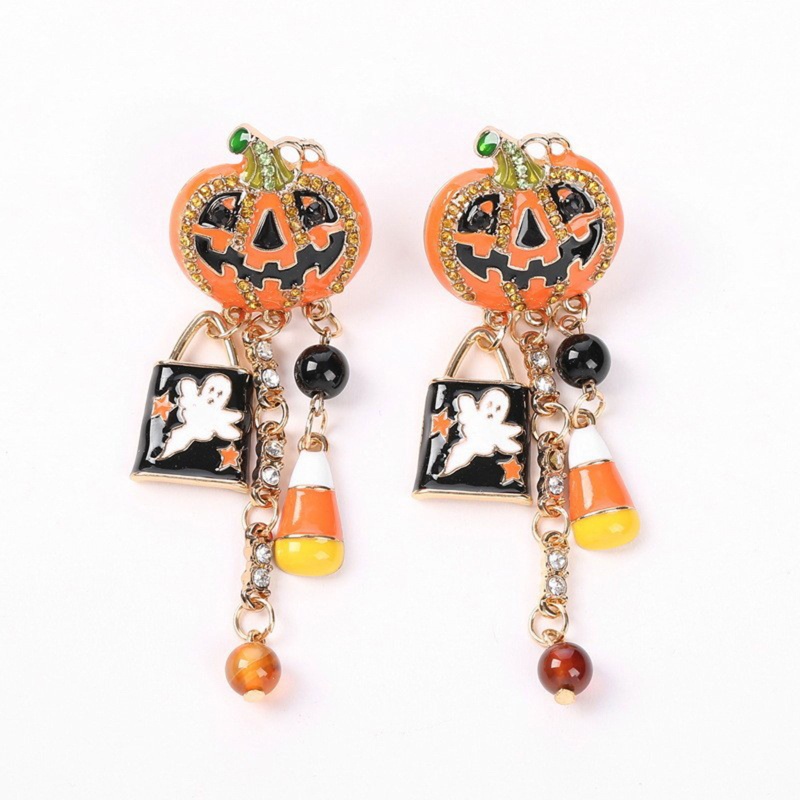 Anting Rantai Panjang Liontin Manik-Manik Labu Hantu Halloween Untuk Wanita