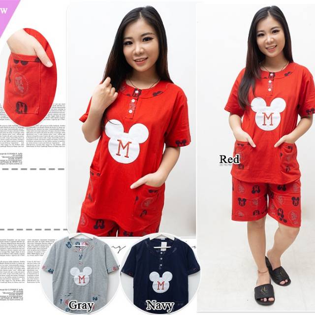 Baju tidur kaos tebal Mickey lengan pendek celana pendek