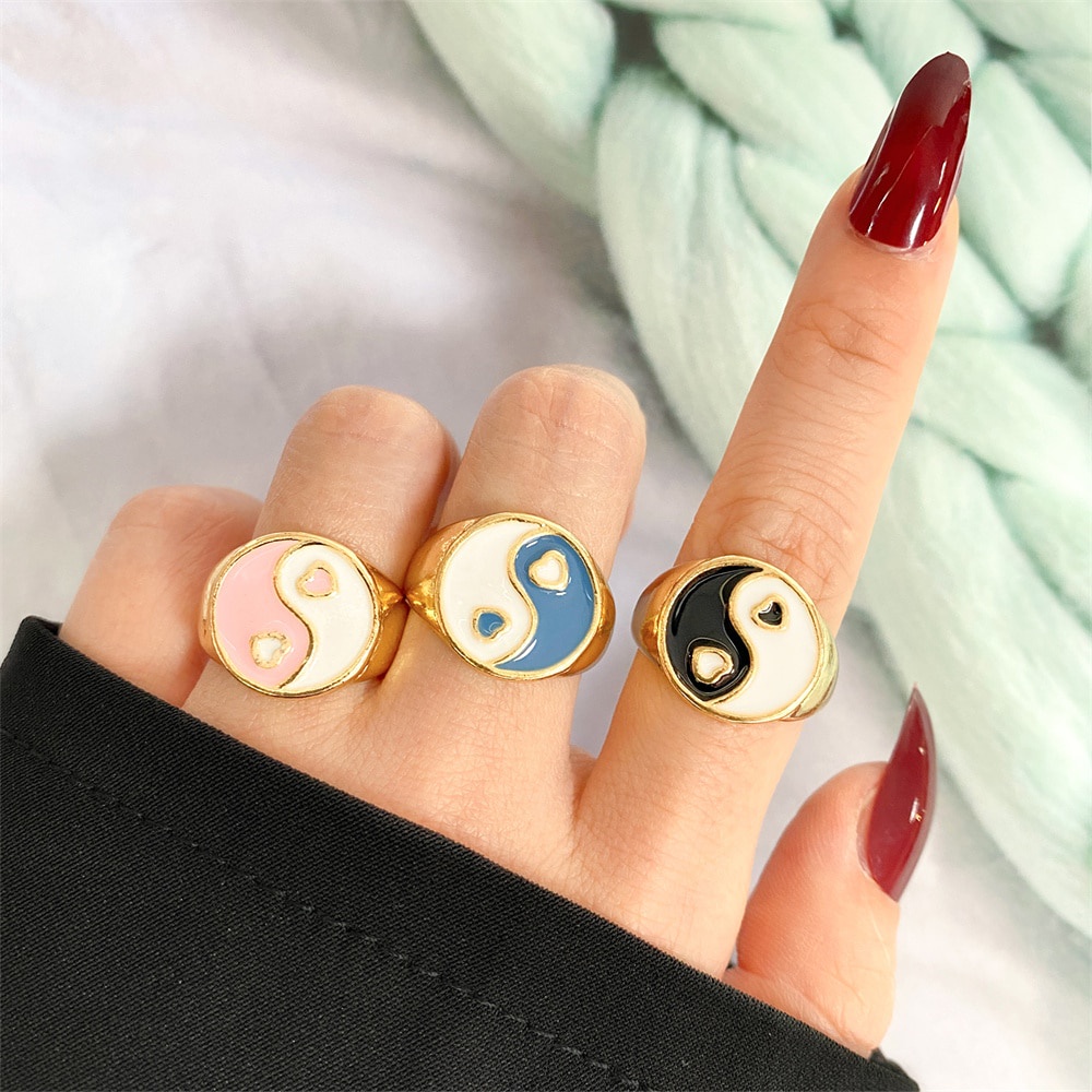 Vintage Y2K Heart Dripping oil Tai Chi Ring INS Fashion Metal Enamel Colorful Tai Chi Gossip Finger Ring Female Fashion Jewelry