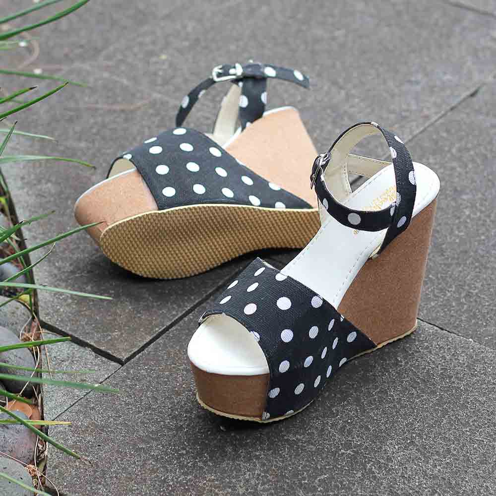 Sandal Wedges Wanita Fashion Tali Hak Heels 12 cm Polkadot Laica Series Blackkelly Original