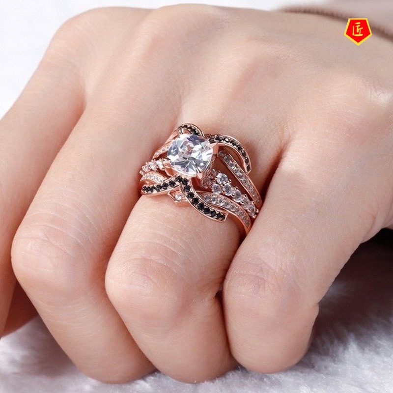 [Ready Stock]Women's Creative Rose Gold Full Diamond Ring Set