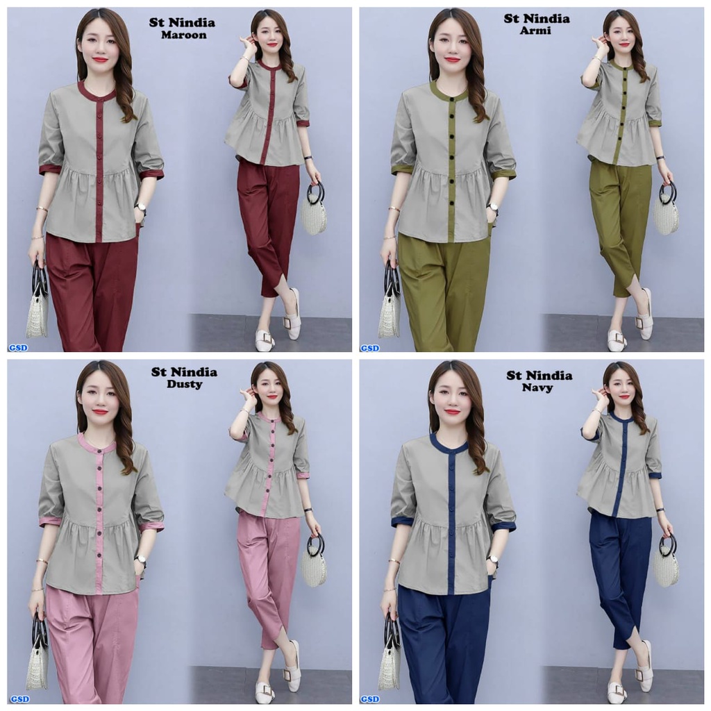 St Nindia/set wanita/set celana wanita/setelan celana panjang/setelan celana kotak/setelan blus cewe