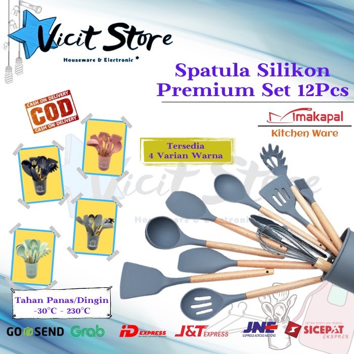 Spatula Sutil Silikon Set 12pcs Gagang Kayu Food Grade Tahan Panas Hingga 230°C