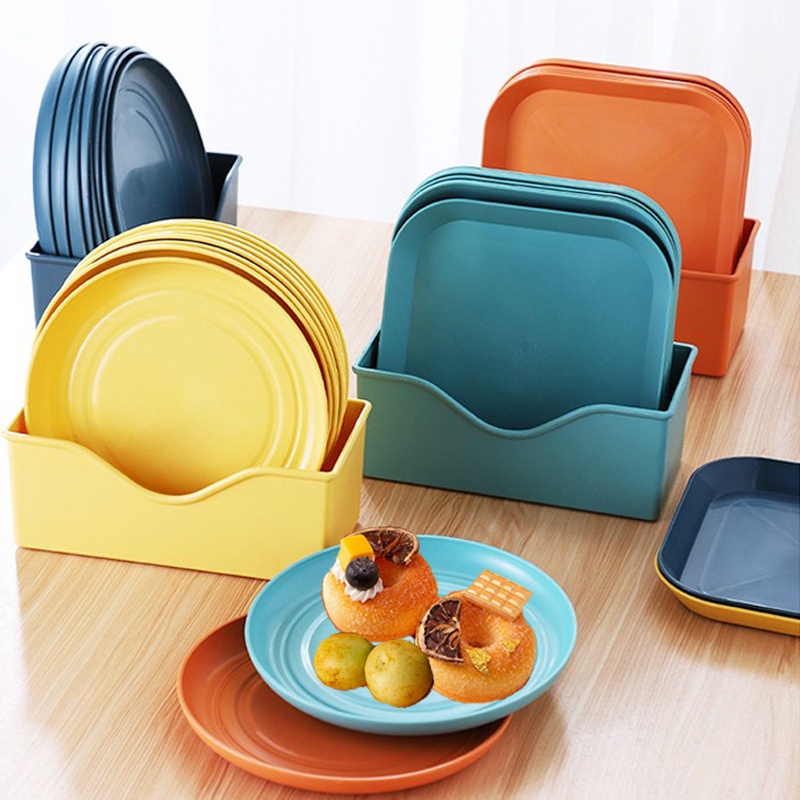 9 Pcs / Set Piring Plastik Bentuk Kotak Melingkar Dengan Rak Untuk Makanan Ringan