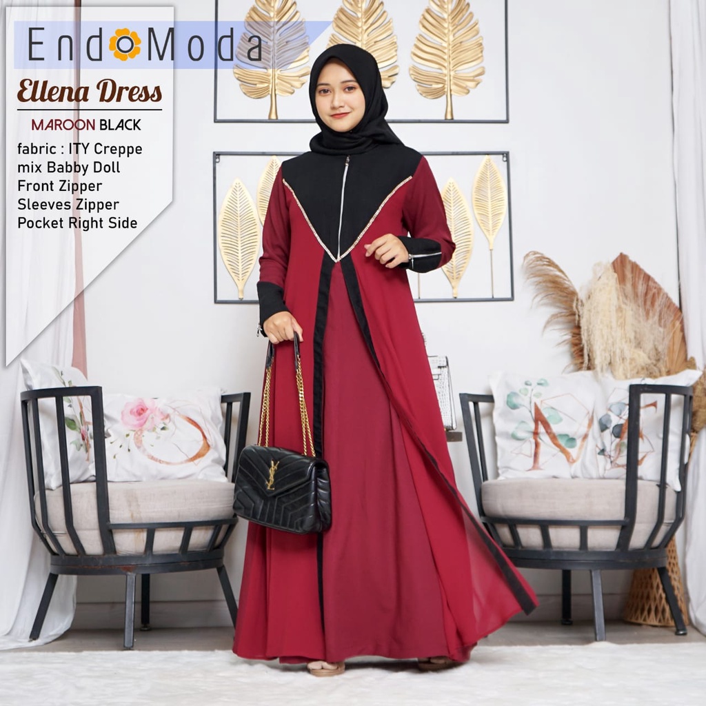 ENDOMODA ELLENA DRESS MAROON BLACK GAMIS PESTA