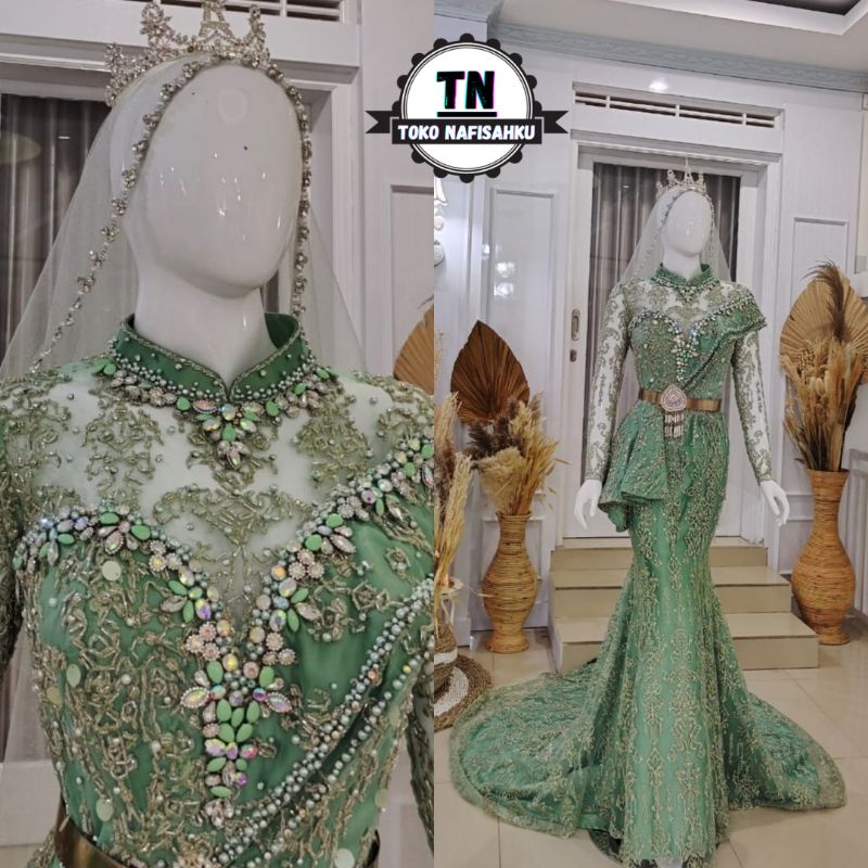 GAUN PENGANTIN SLIM DUYUNG SELENDANG HIJAU SAGE