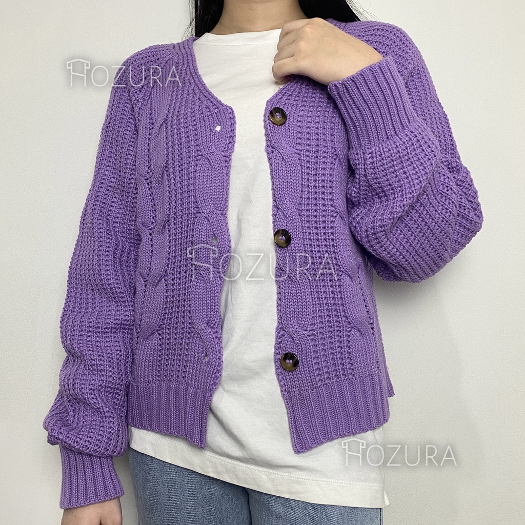 Hozura - Cardigan Sweater Rajut Gelombang Kepang TEBAL Belca - RONNIE Crop Cable Knit Button Cardi