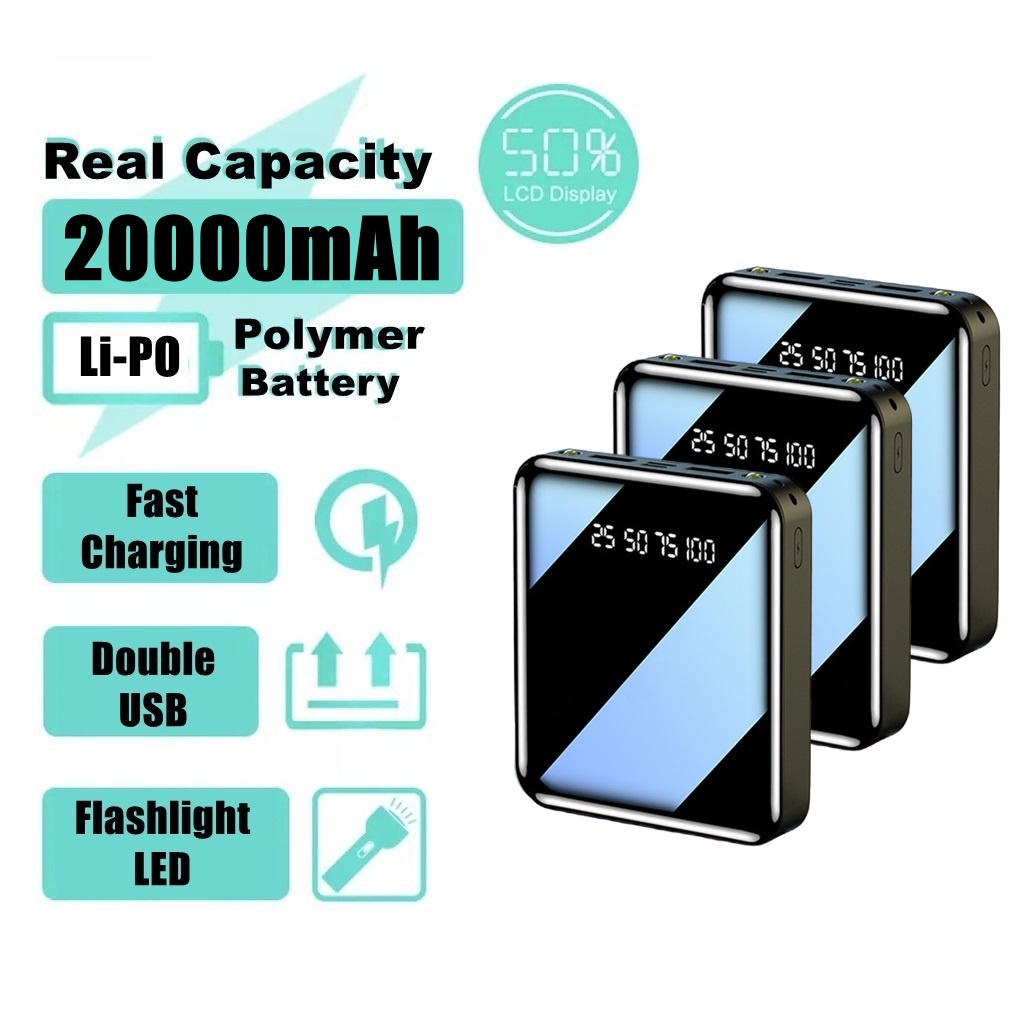 Mini PowerBank 20000mAh Fast Charging with 4 in1 Kabel Data Real Capacity 4 Output 3 Input Tipe C iphone Type-C Micro Lightning USB LED Display Pocket Size Kapasitas Sangat Besar Oppo Xiaomi Redmi Mini Power Bank