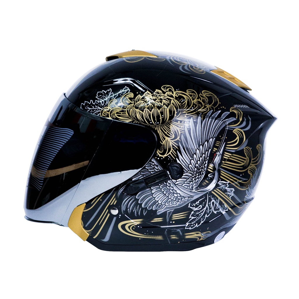 Helm KM7 angsa/swan Half Face SNI  Black SILVER GLOSSY keren