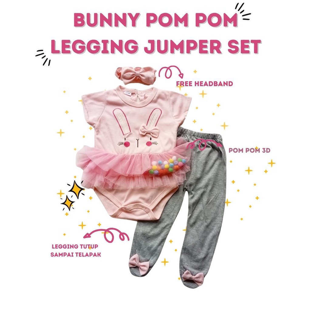 jumper newborn romper bay kado lahiran anak perempuan bunny pom pom legging JUMPER SET baby bayi cewek perempuan 0-12 bulan newborn romper fashion di