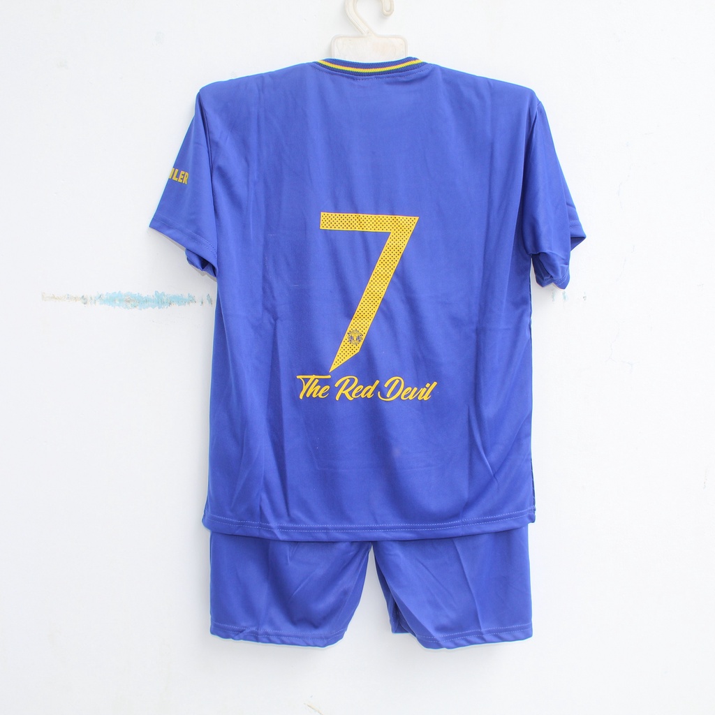 setelan baju bola anak mu/baju kaos bola mu biru size 5-12thn