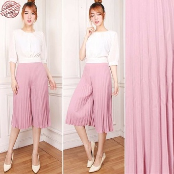 Celana kulot pendek plisket 7/8 terbaru/celana kulot plisket pendek-pink