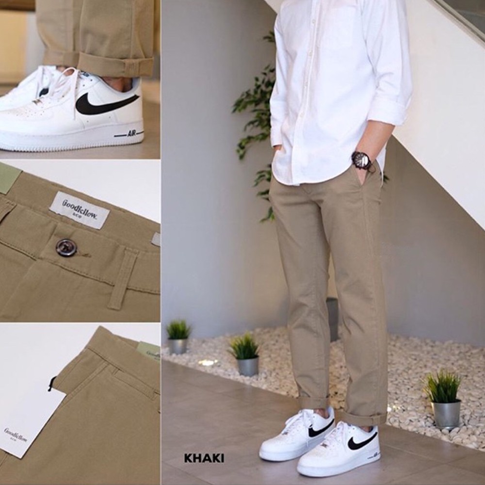 Goodfellow Chino Slim straight Stretch celana panjang chino Original warna coklat/khaki