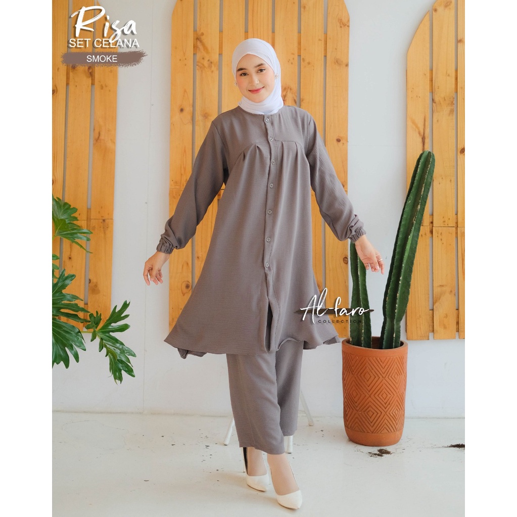 Setelan celana one set ANJANI RISA original by AL FARO atasan celana crinckle terbaru casual shabby limitted setelan wanita busui bumil tunik long kancing kemeja kerja muslim ootd fashion lylac denim army