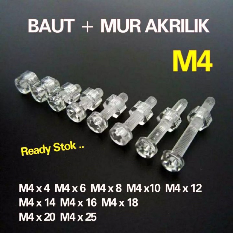 BAUT AKRILIK+MUR AKRILIK M4 BENING TRANSPARAN SET BAUT MUR AKRILIK
