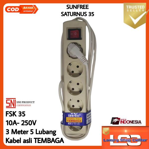 Stop Kontak 3Meter variasi 3/4/5 Lubang Sunfree Saturnus FSK33/34 Kabel Tembaga Asli SNI