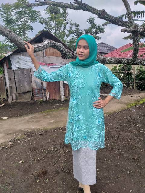 Baju kurung tulle bordir 3D tosca