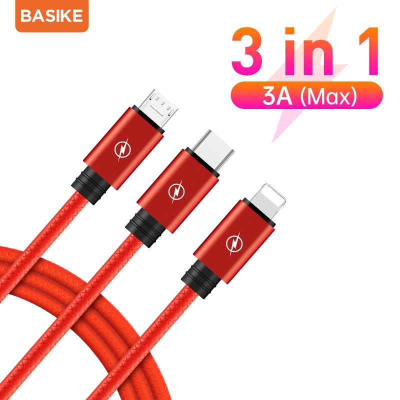 Kabel Data 3 in1 Micro+Lightning+Type-C Telescopic cable iPhone Fast Charging Xiaomi Samsung Vivo-BSK-CH21 red 3A