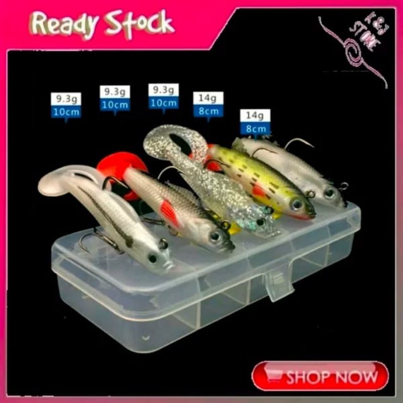 Set 5 Pcs Bonus Box Umpan Pancing Casting Soft Lure lengkap dengan Kail