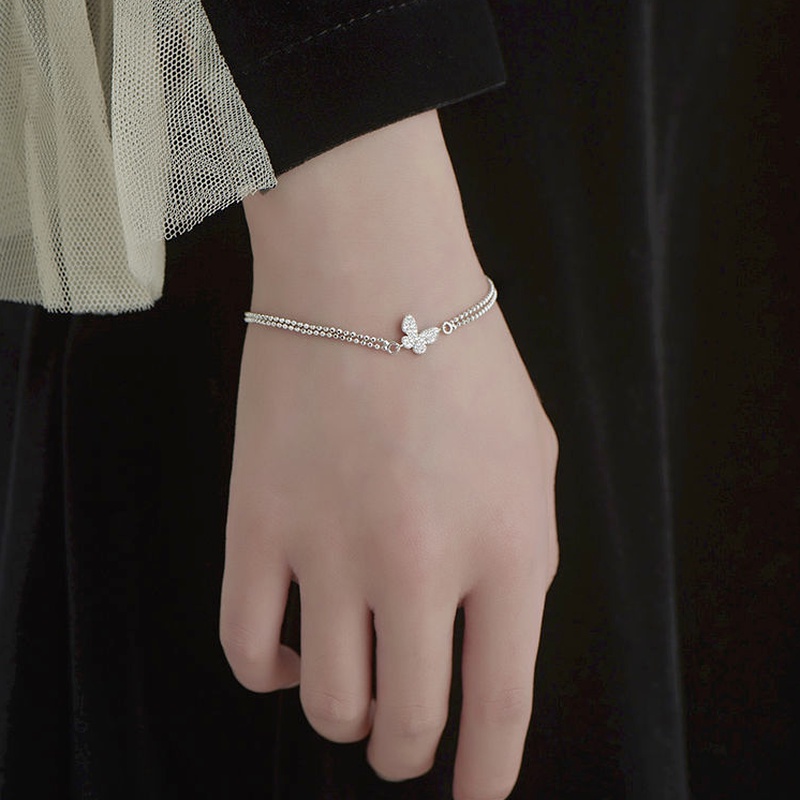 We Flower Korean Crystal Butterfly Bracelet for Women Girls Double Silver Beaded Wrist Chain Jewelry