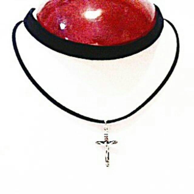 Double Silver Small Cross Velvet Choker Necklace | Kalung Handmade Premium Collection