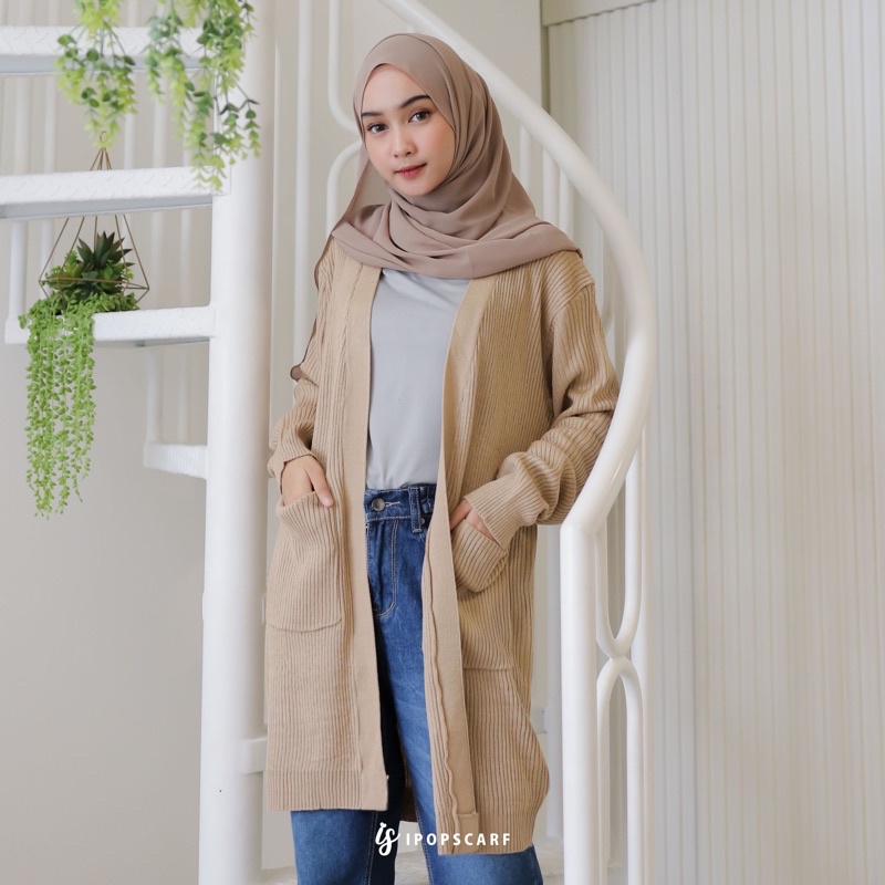 LUMA LONG CARDI | cardigan rajut panjang, soft knit cardigan-CREAM