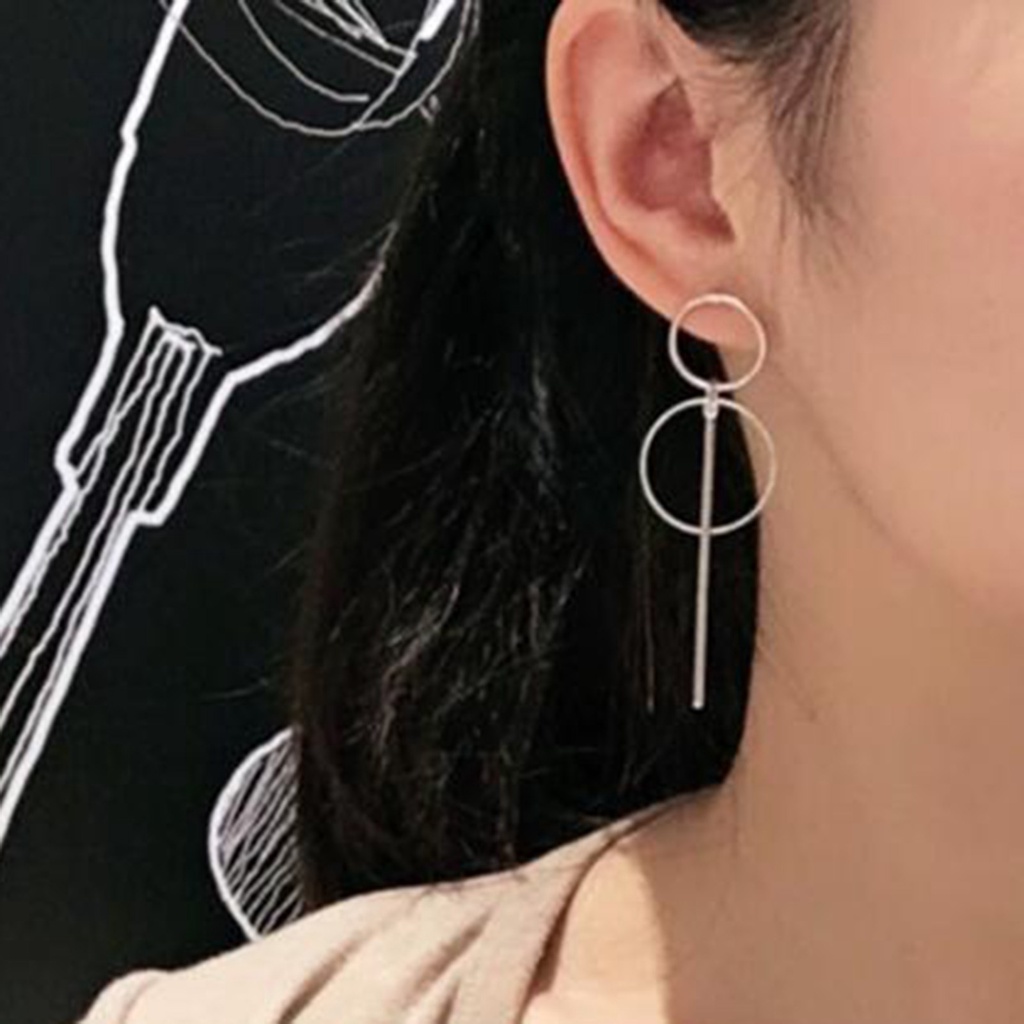 Hu Hu Hu Hu Hu Alat Bantu Pasang Kacamata♡ Anting Stud Tassel Panjang Bentuk Lingkaran Ganda Geometris Bahan Alloy Untuk Wanita