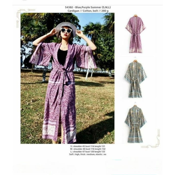 Outer panjang jumbo motif bunga summer ungu biru kimono