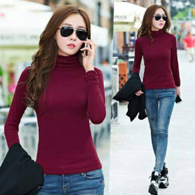 atasan polos lengan panjang maroon