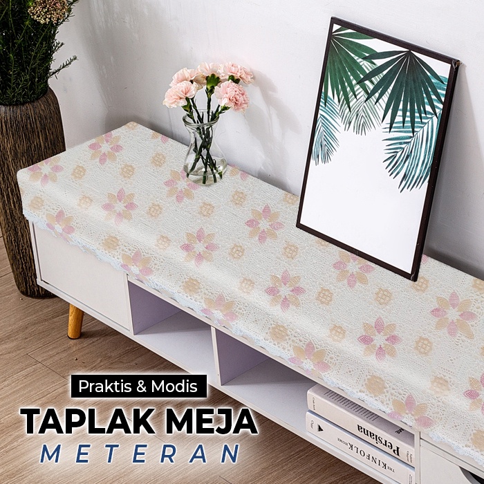 Taplak Meja Meteran Premium Motif Bunga High Quality Elegan PVC Tebal Dekorasi Rumah Ruang Tamu Ruang Makan Import - D21-W - 88Blanketstore