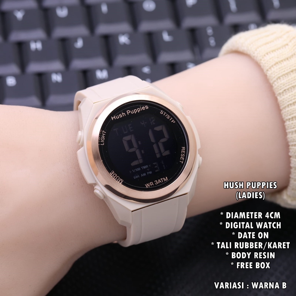 (FREE BOX) JAM TANGAN WANITA HUSH PUPPIES TALI RUBBER BODY BULAT TANGGAL AKTIF