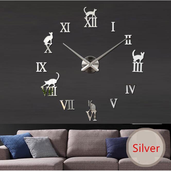 (MAINANKYU) Jam Dinding Besar DIY Giant Wall Clock Quartz Creative Design Model Kucing Lucu - Silver